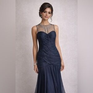 Adrianna Papell Navy Sheer Jewel Embellished‎ Formal Gown Size 8